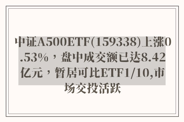 中证A500ETF(159338)上涨0.53%，盘中成交额已达8.42亿元，暂居可比ETF1/10,市场交投活跃