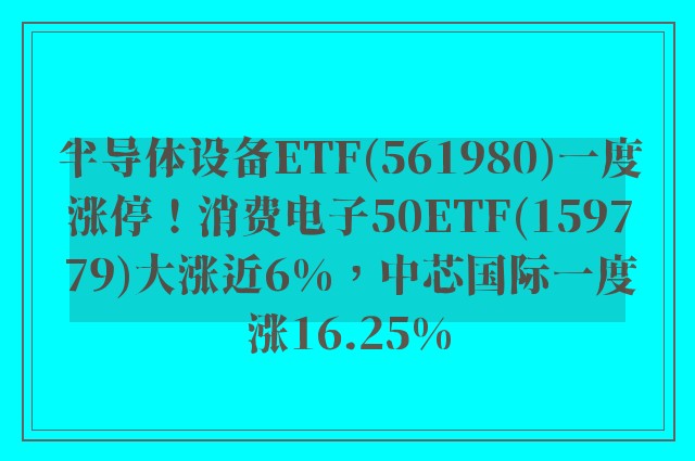 半导体设备ETF(561980)一度涨停！消费电子50ETF(159779)大涨近6%，中芯国际一度涨16.25%