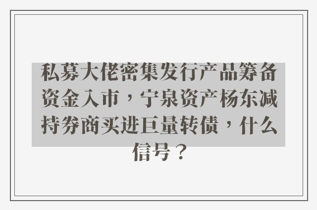 私募大佬密集发行产品筹备资金入市，宁泉资产杨东减持券商买进巨量转债，什么信号？