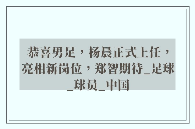 恭喜男足，杨晨正式上任，亮相新岗位，郑智期待_足球_球员_中国