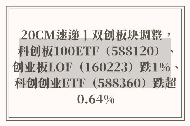 20CM速递丨双创板块调整，科创板100ETF（588120）、创业板LOF（160223）跌1%、科创创业ETF（588360）跌超0.64%