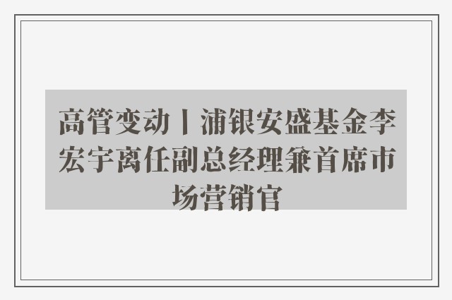 高管变动丨浦银安盛基金李宏宇离任副总经理兼首席市场营销官