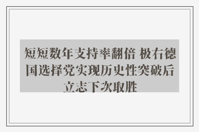 短短数年支持率翻倍 极右德国选择党实现历史性突破后立志下次取胜