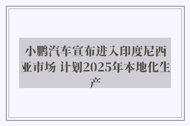 小鹏汽车宣布进入印度尼西亚市场 计划2025年本地化生产